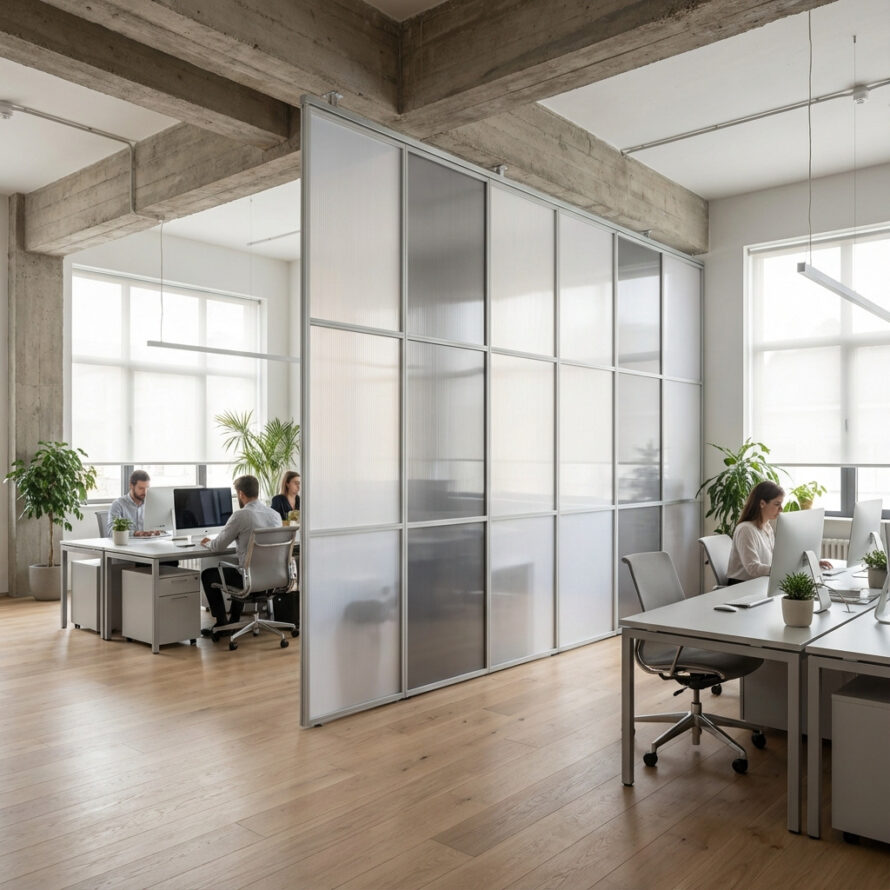 Transparante polycarbonaat roomdivider in open kantoorruimte voor meer privacy en lichtbehoud.