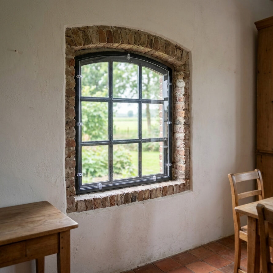 Historisch stalraam met voorzetbeglazing in een karakteristieke boerderij met gemetselde nis.