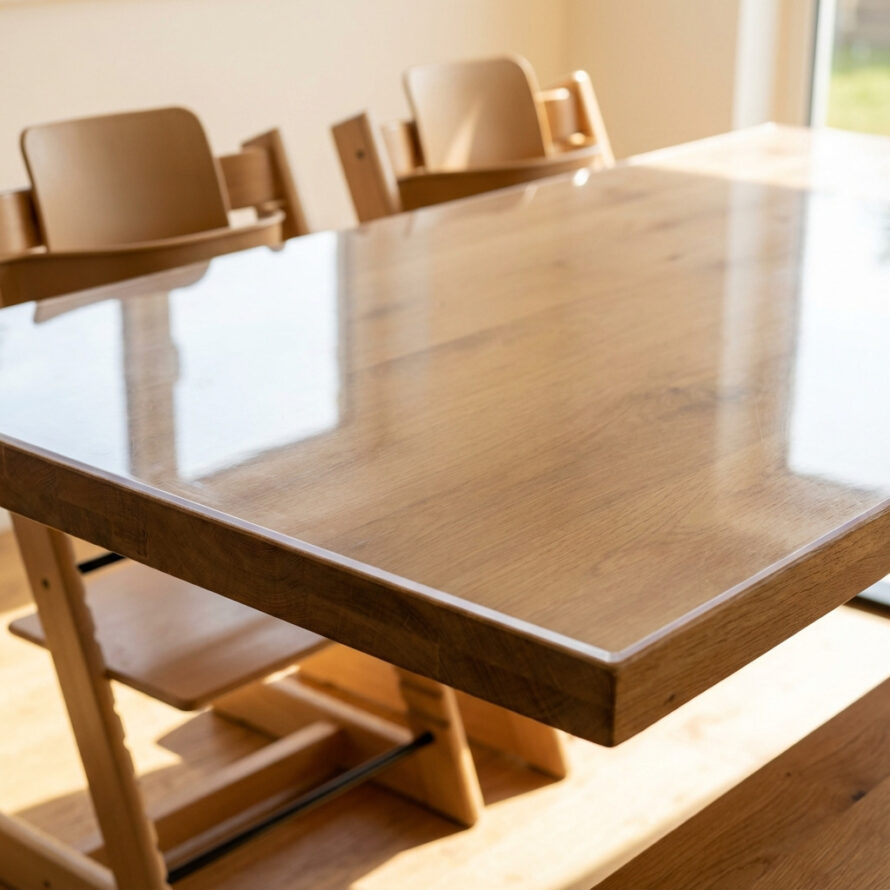 Plexiglas tafelbladbescherming op houten eettafel, transparant en strak afgewerkt voor dagelijks gebruik binnen.