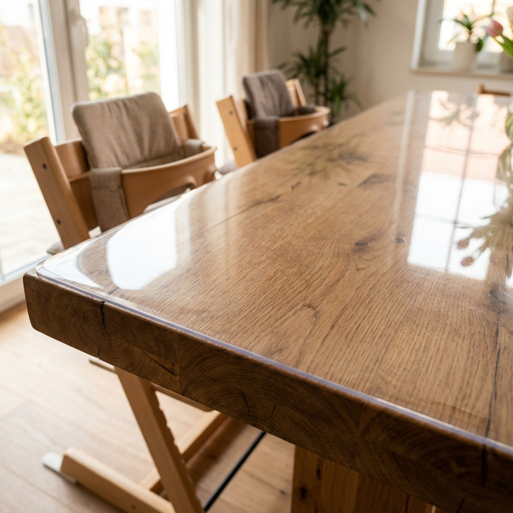 Transparante plexiglas tafelbescherming die het houten tafelblad beschermt tegen krassen en vlekken.