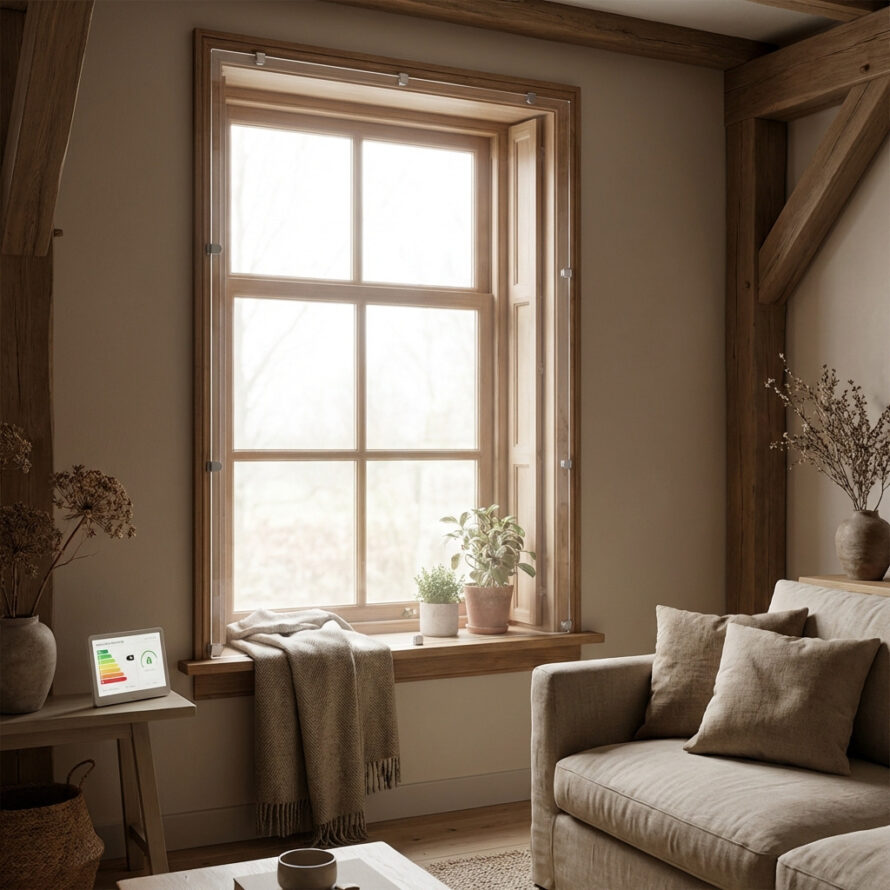 Gezellige woonkamer met een bank en kussens bij een raam met houten kozijnen en zacht binnenvallend licht.