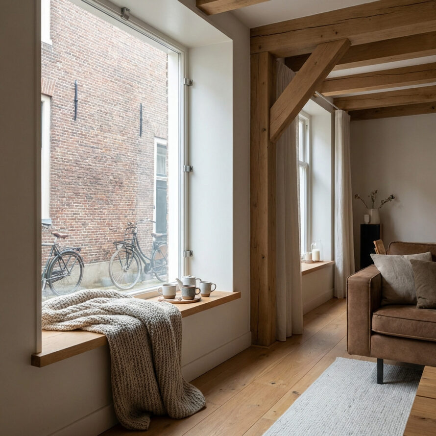 Smalle zithoek met een bank naast een groot raam, waar daglicht naar binnen valt en bakstenen gebouwen zichtbaar zijn.