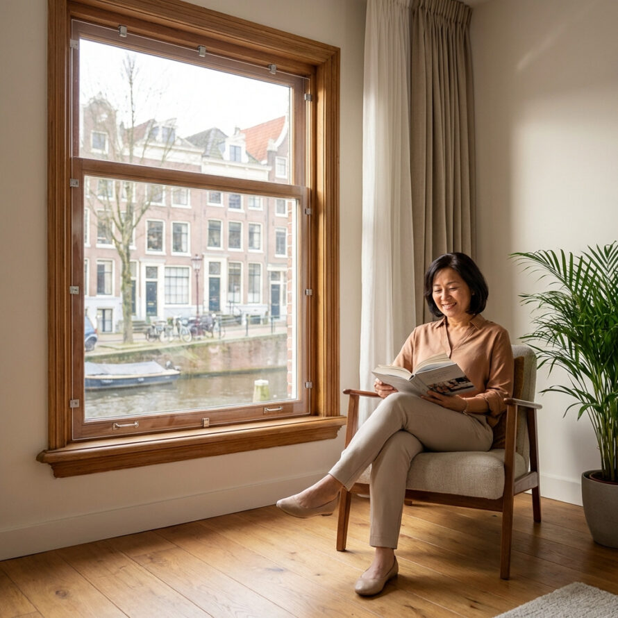 Een persoon zit ontspannen in een fauteuil bij een groot raam met houten kozijn en kijkt uit over een rustige woonstraat.