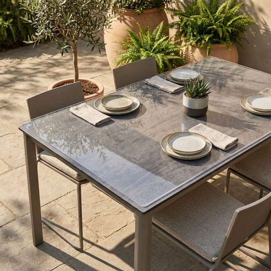 Transparante plexiglas beschermplaat op moderne tuintafel met houten stoelen.