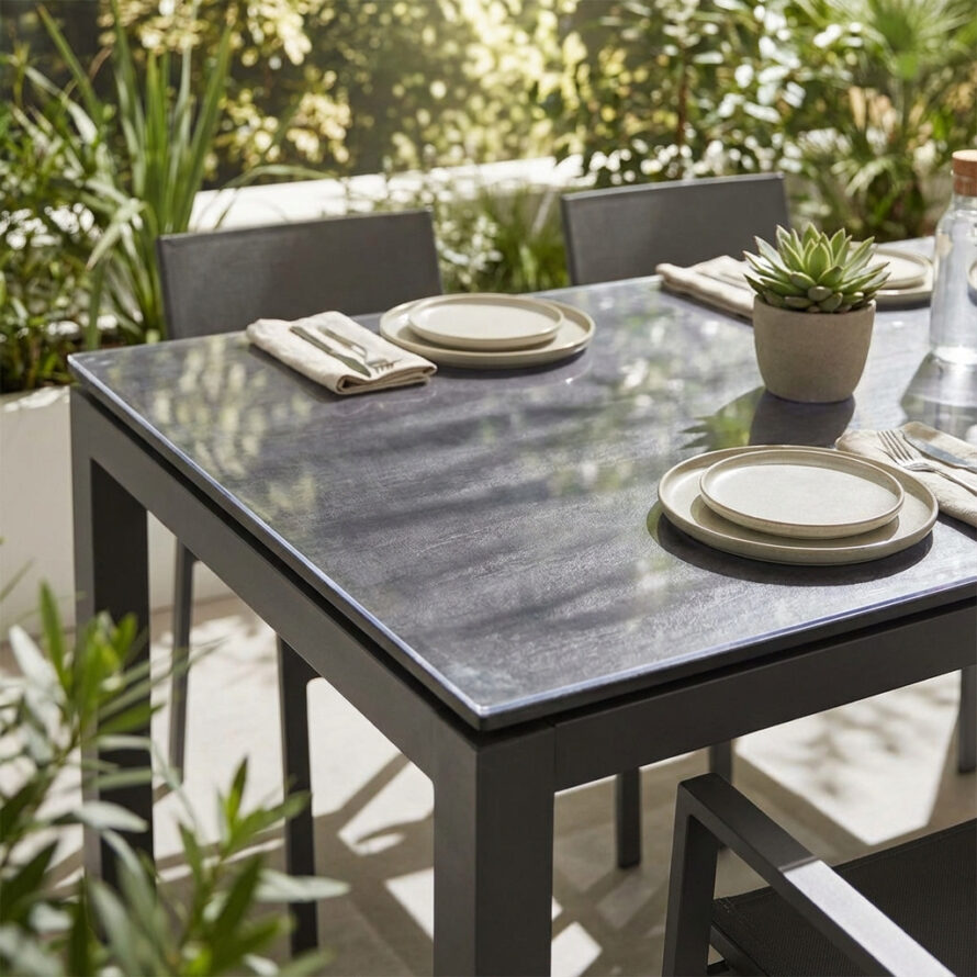 Heldere plexiglas tafelbescherming op tuintafel op terras, strak en onderhoudsvriendelijk.