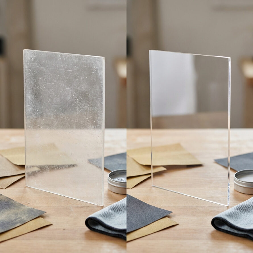 Verweerd plexiglas en helder plexiglas naast elkaar op een houten werktafel, ter vergelijking van dof en gepolijst materiaal.