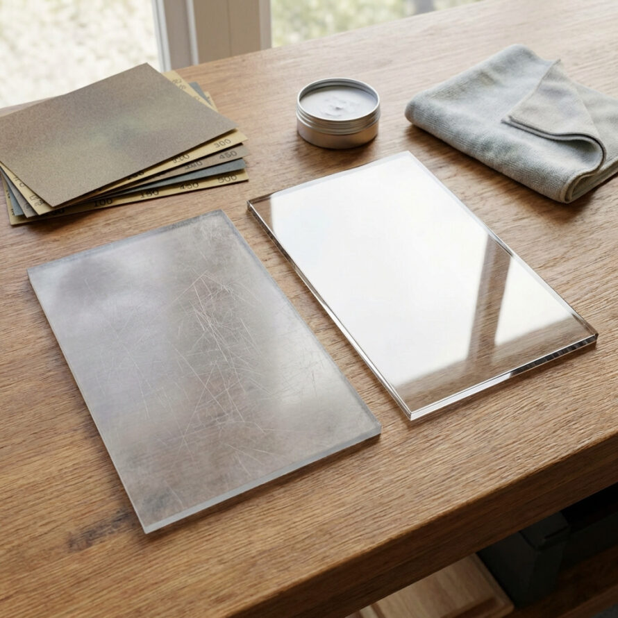 Voor en na resultaat van plexiglas: een matte, verweerde plaat naast een glanzend gepolijste plaat.