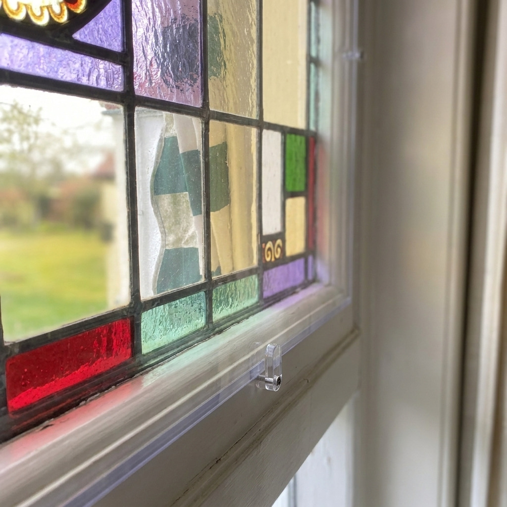 Close-up van een glas-in-loodraam met gekleurde vlakken in paars, groen en rood, gezien vanuit een lichte binnenruimte met een witte vensterbank.