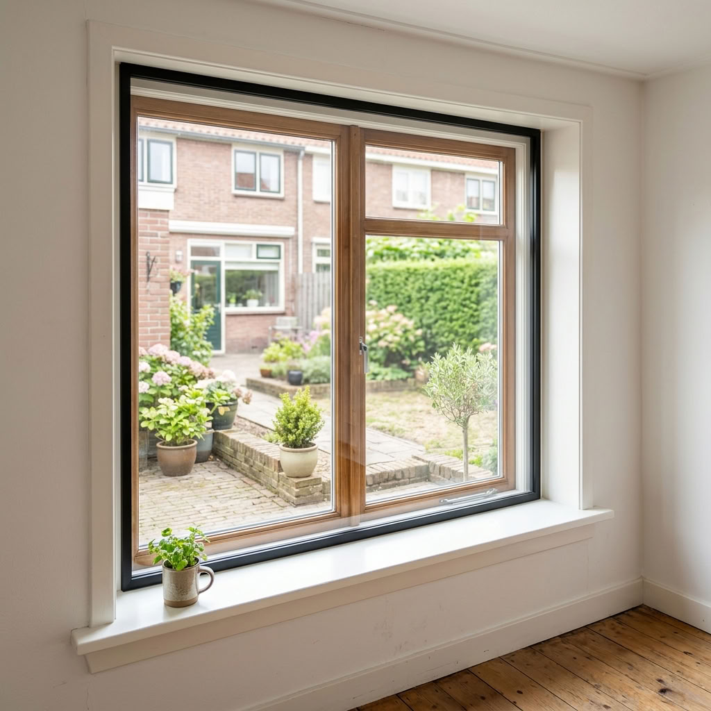 Houten raampartij met voorzetraam plexiglas frame
