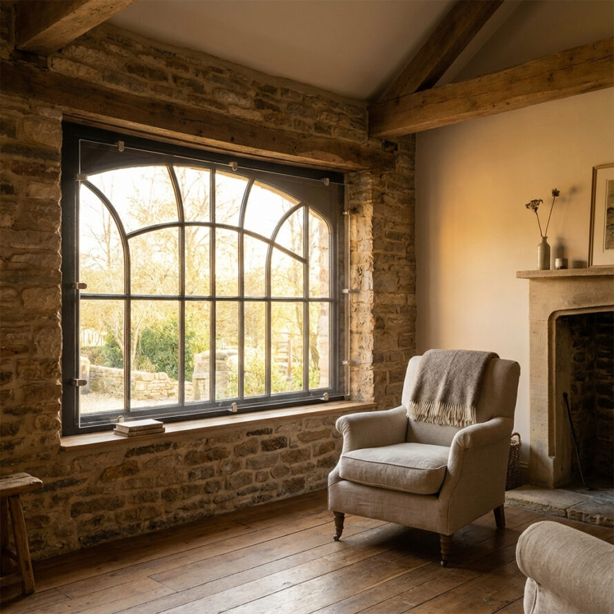 Authentiek gietijzeren stalraam met helder plexiglas voorzetraam, gemonteerd in een rustiek stenen interieur.