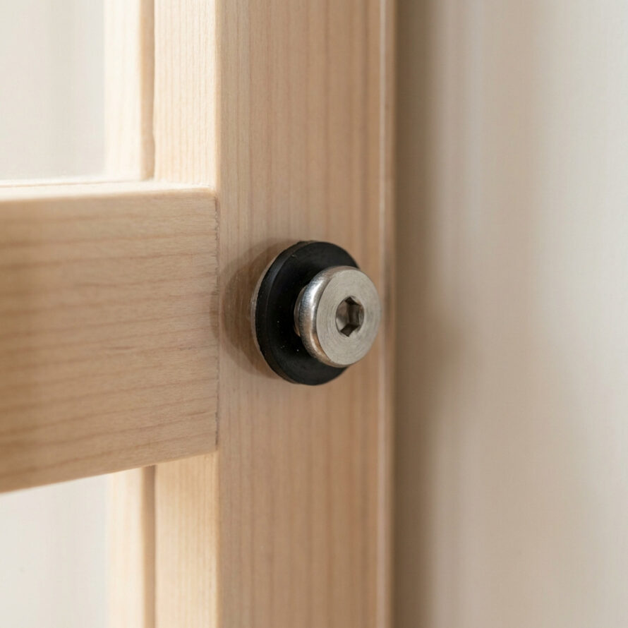 Close-up van een plexiglas voorzetraam dat met een zwarte schroef is vastgezet in een modern houten kozijn.