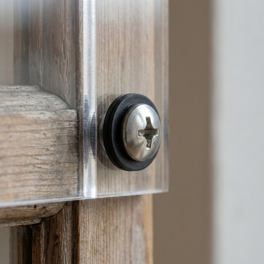 Detail van een plexiglas voorzetraam bevestigd met een zwarte schroef op een verweerd houten kozijn.