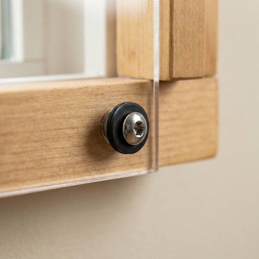 Detail van een plexiglas plaat vastgeschroefd op een licht houten raamkozijn met een zwarte bevestigingsschroef.