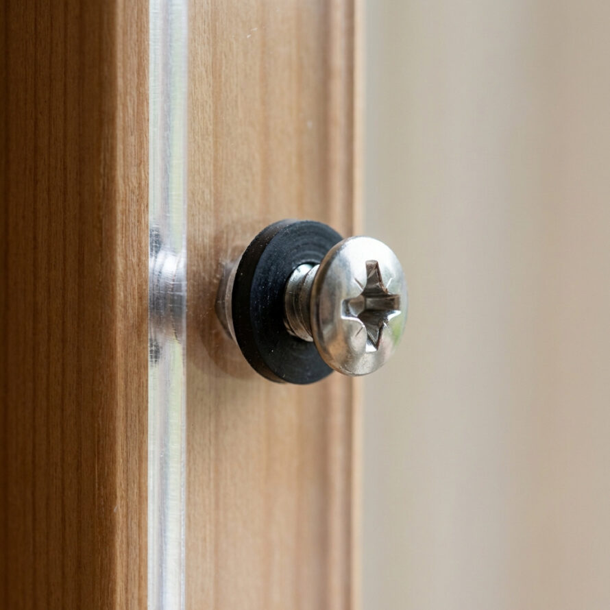 Close-up van een plexiglas voorzetraam dat met een zwarte schroef en ring is bevestigd in een houten kozijn.