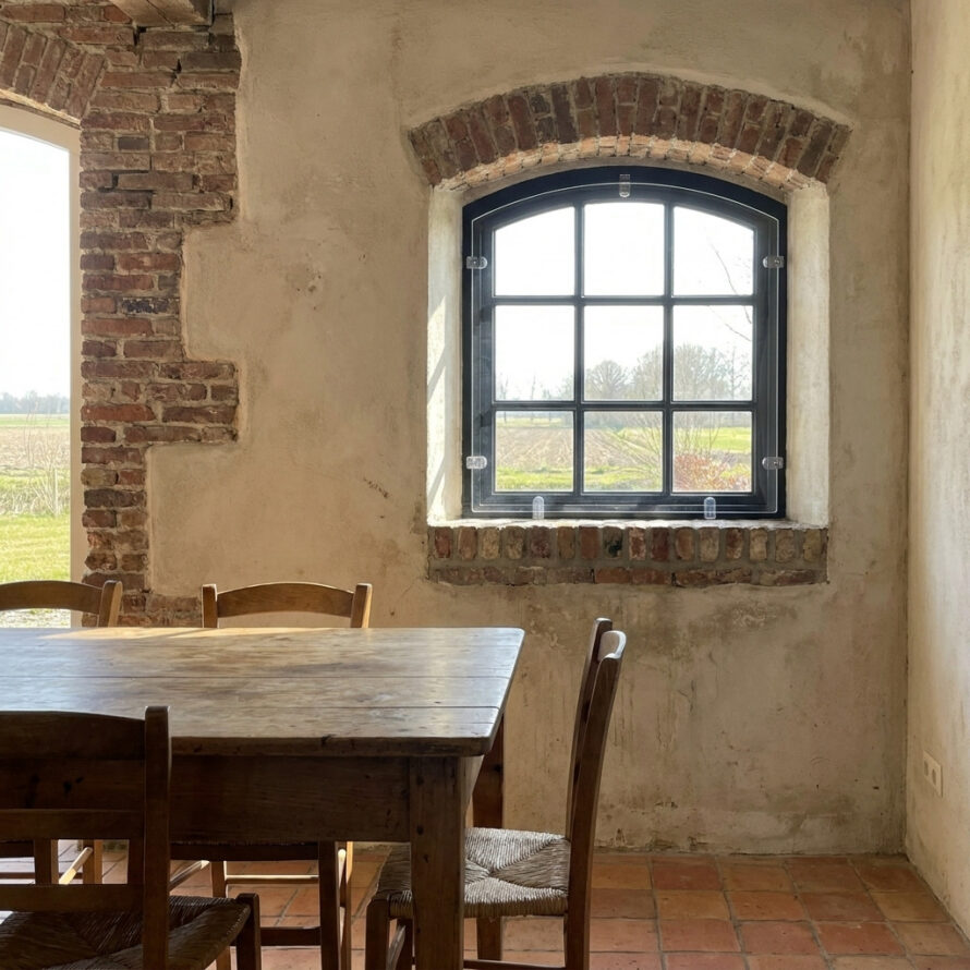 Authentiek stalen stalraam met transparant voorzetraam in landelijke boerderijwoning.