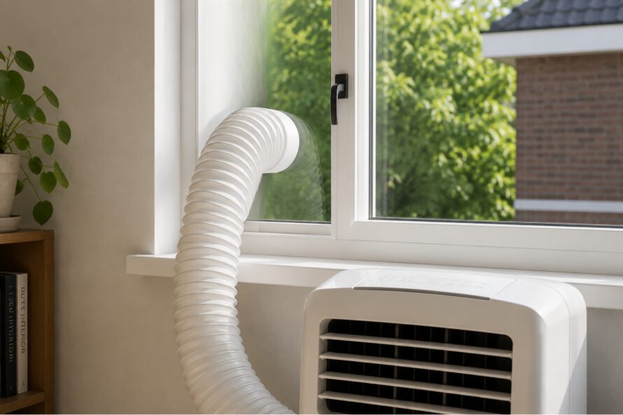 Close-up van een mobiele airco-afvoerslang aangesloten op een schuifraam met raamafdichting.