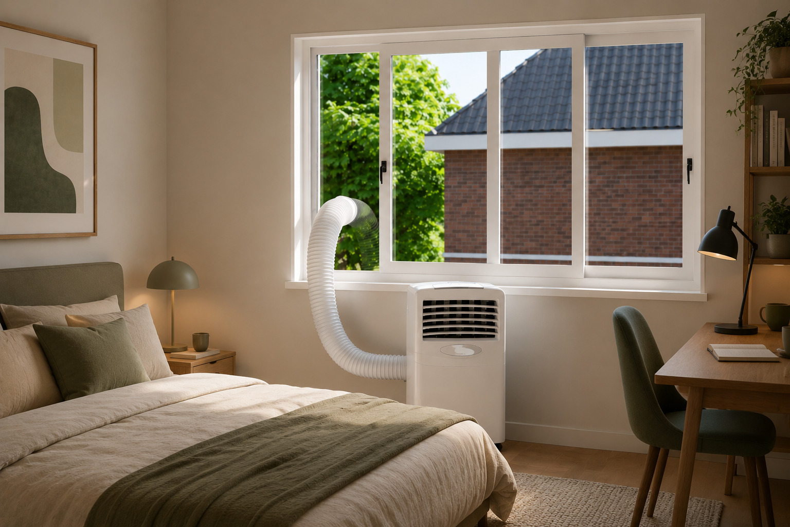 Mobiele airco naast een raam met afvoerslang naar buiten in een rustige slaapkamer.