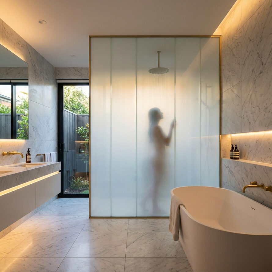 Stijlvolle badkamer met opalen polycarbonaat douchewand, zacht verlichte marmeren wanden en een silhouet achter de douchewand.