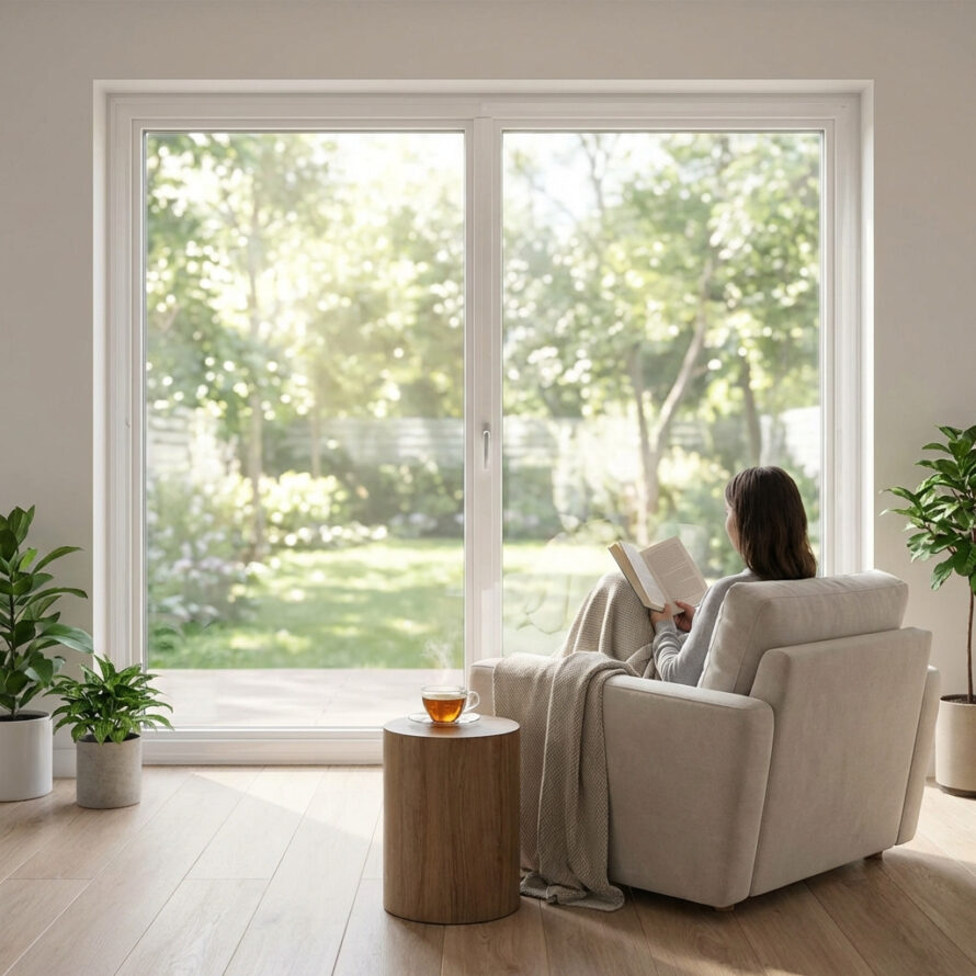 Persoon zit in een fauteuil bij een groot raam met uitzicht op een groene tuin, in een rustige en lichte woonkamer.