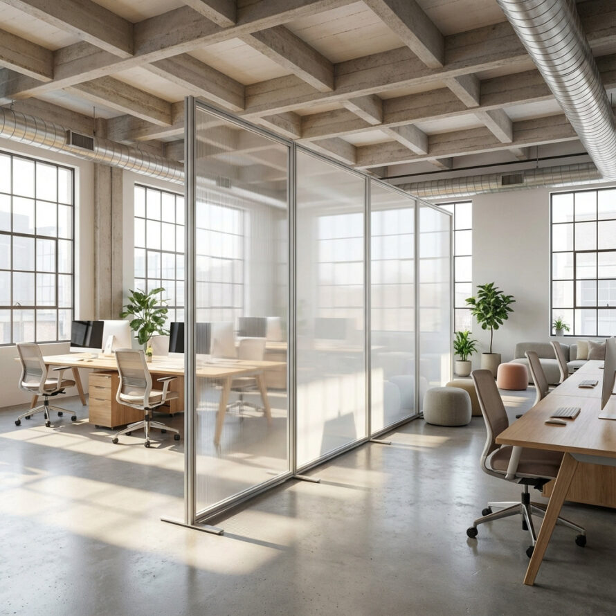 Verplaatsbare polycarbonaat scheidingspanelen in moderne kantoortuin.