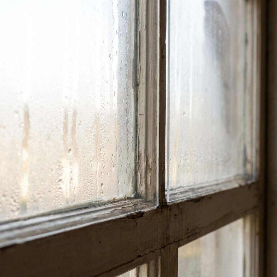 Achterzetraam van helder plexiglas met condens tussen glaslagen in verouderd interieur.