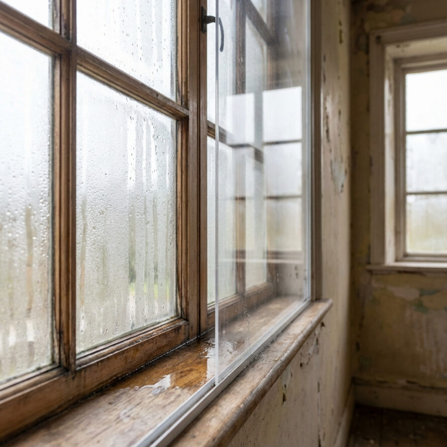 Condens op plexiglas achterzetraam in monumentaal pand, voorbeeld van onvoldoende ventilatie.