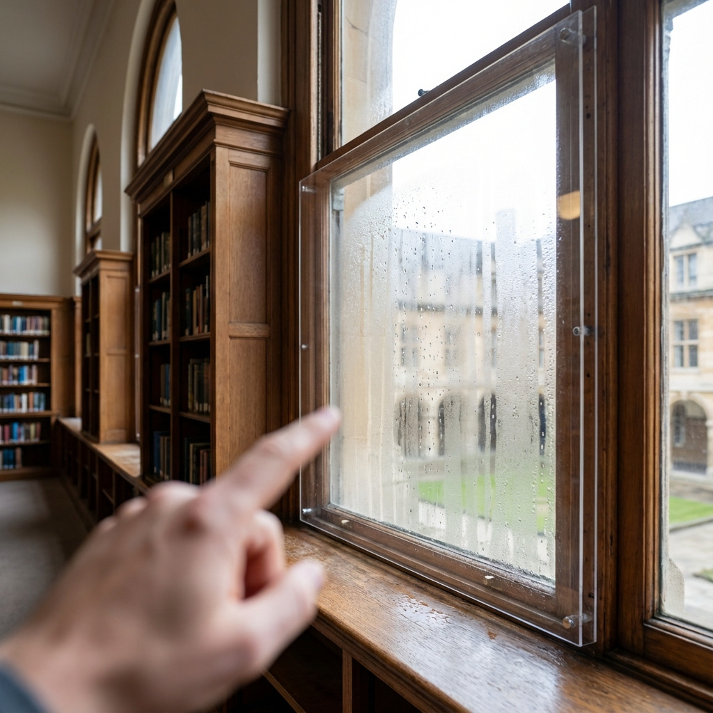 Condensvorming bij achterzetraam door beperkte ventilatieruimte in houten kozijn.