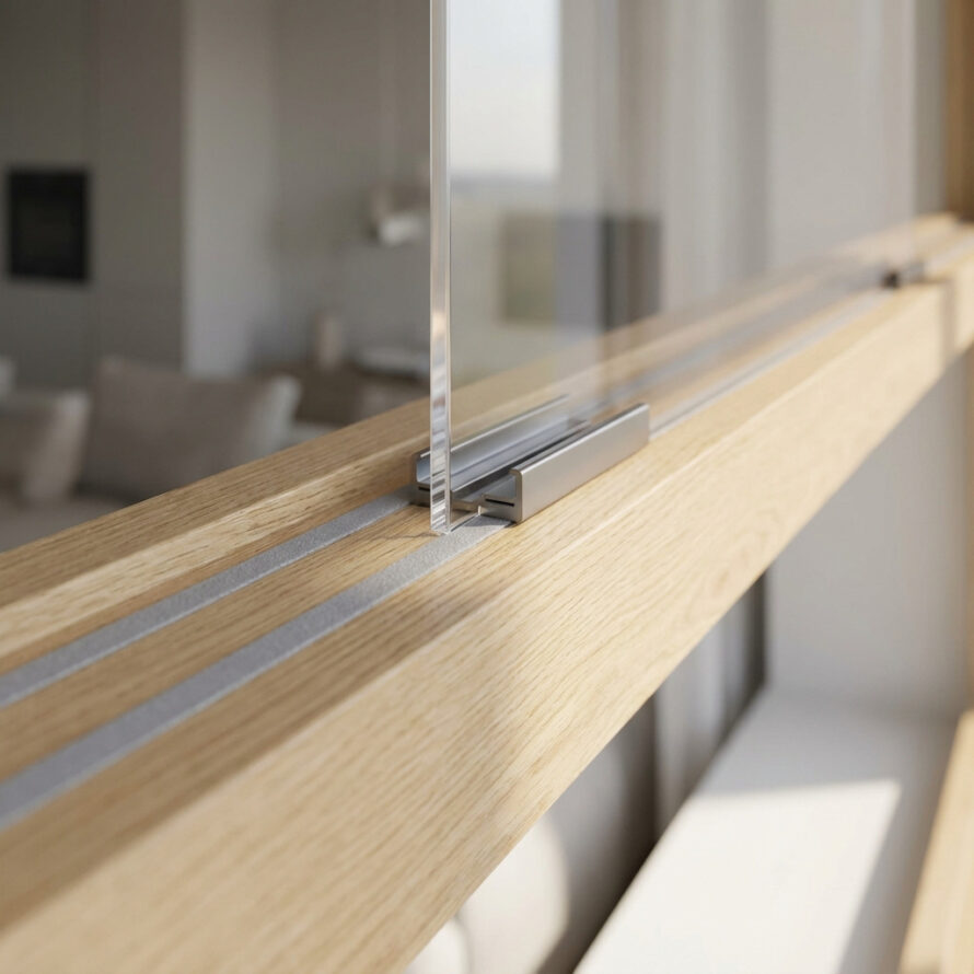 Detailopname van een achterzetraam met aluminium profiel en isolatieband op houten vensterbank.