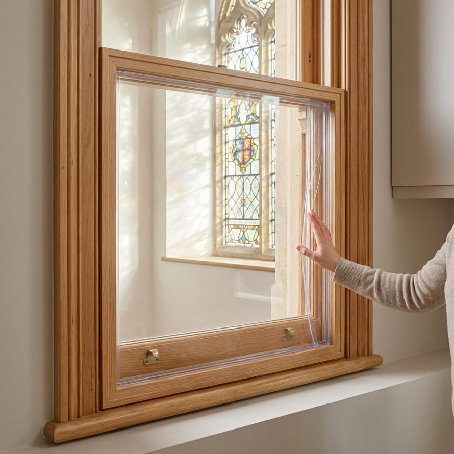 Plexiglas achterzetraam voor glas-in-lood ramen in monumentaal interieur met behoud van uitstraling.
