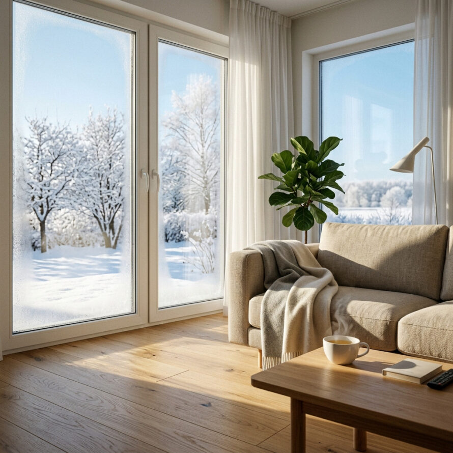 Moderne woonkamer met groot raam en uitzicht op een besneeuwd landschap tijdens de winter.