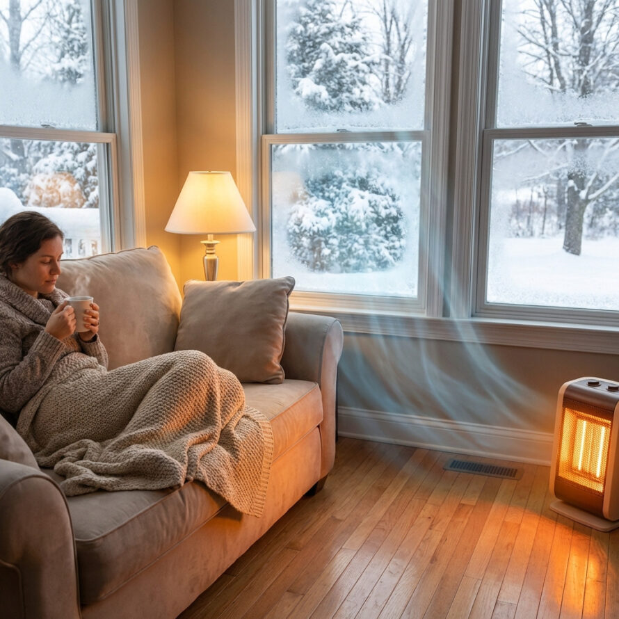 Gezellige zithoek met bank, deken en warme verlichting, met uitzicht op een besneeuwd landschap buiten.