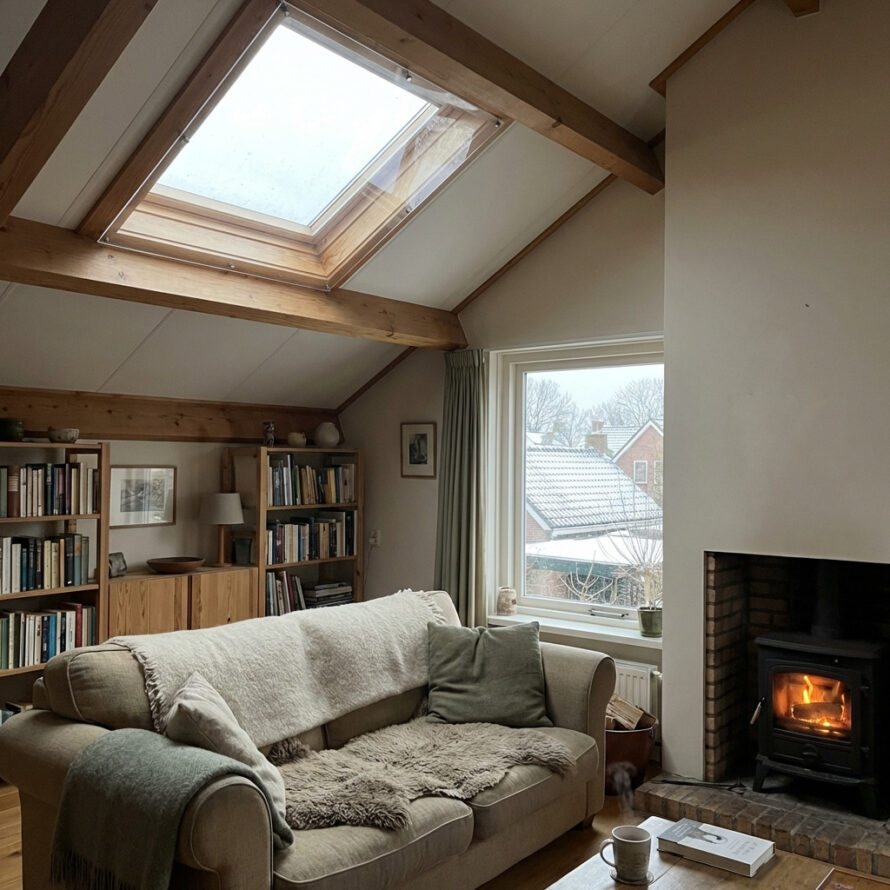 Gezellige Nederlandse woonkamer met een lichtkoepel in het dak, geïsoleerd met een transparant plexiglas voorzetraam tegen kou en tocht.