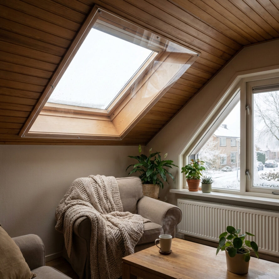 Lichtkoepel met plexiglas voorzetraam in een knusse zolderkamer, zichtbaar extra isolatielaag voor minder koudeval in huis.