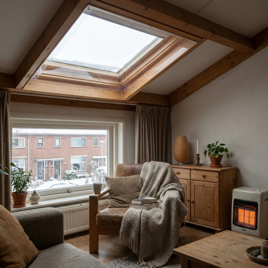 Geïsoleerde lichtkoepel met plexiglas voorzetraam in een woonkamer, zorgt voor meer comfort en minder warmteverlies in de winter.