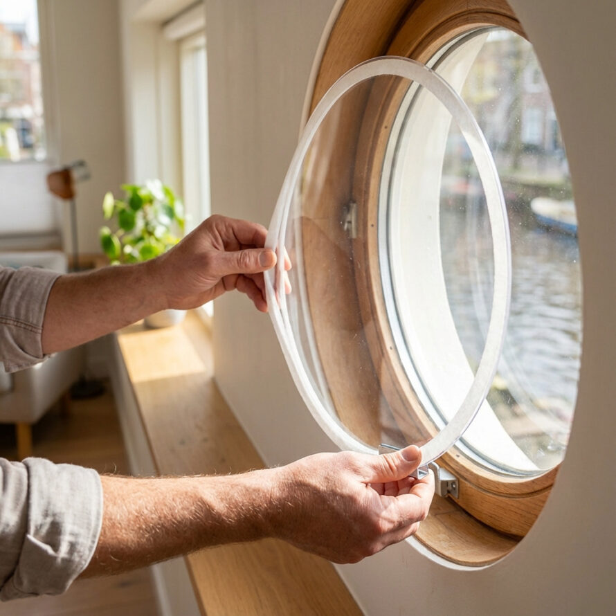 Montage van een rond plexiglas voorzetraam met montageclips en isolatieband in het kozijn.