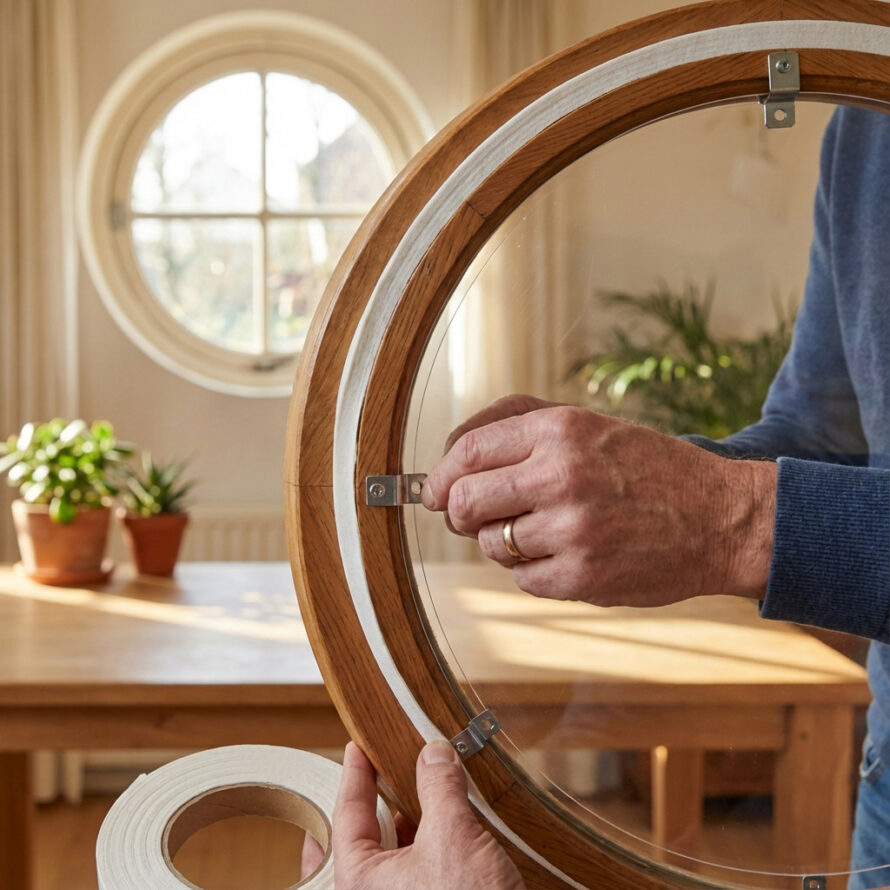 Plaatsen van een rond plexiglas raam als voorzetraam voor extra isolatie.