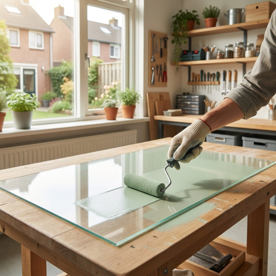Primer aanbrengen op plexiglas plaat met een verfroller