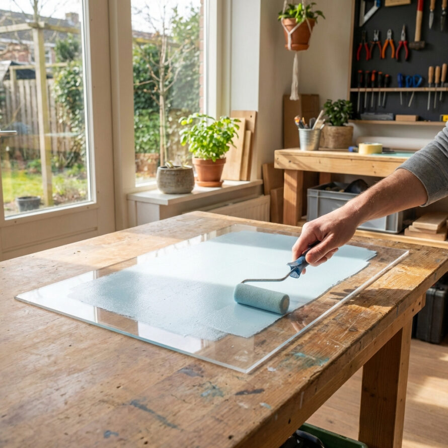 Voorbereiden van plexiglas door het oppervlak schoon te maken op een werktafel