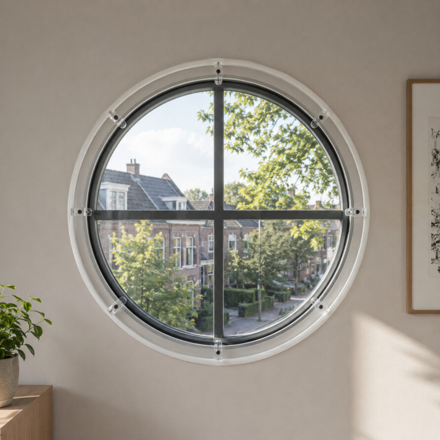Groot rond raam met donker frame en uitzicht op bomen en struiken, verlicht door natuurlijk zonlicht.