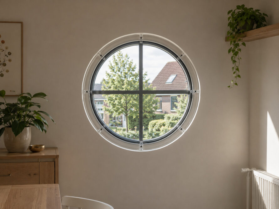 Rond raam met kruisverdeling in een neutraal interieur, met uitzicht op een groene tuin of bomen buiten.