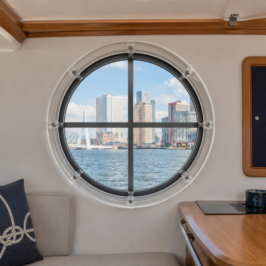 Rond raam boven een bureau in een moderne ruimte, met uitzicht op water en een skyline van gebouwen in de verte.