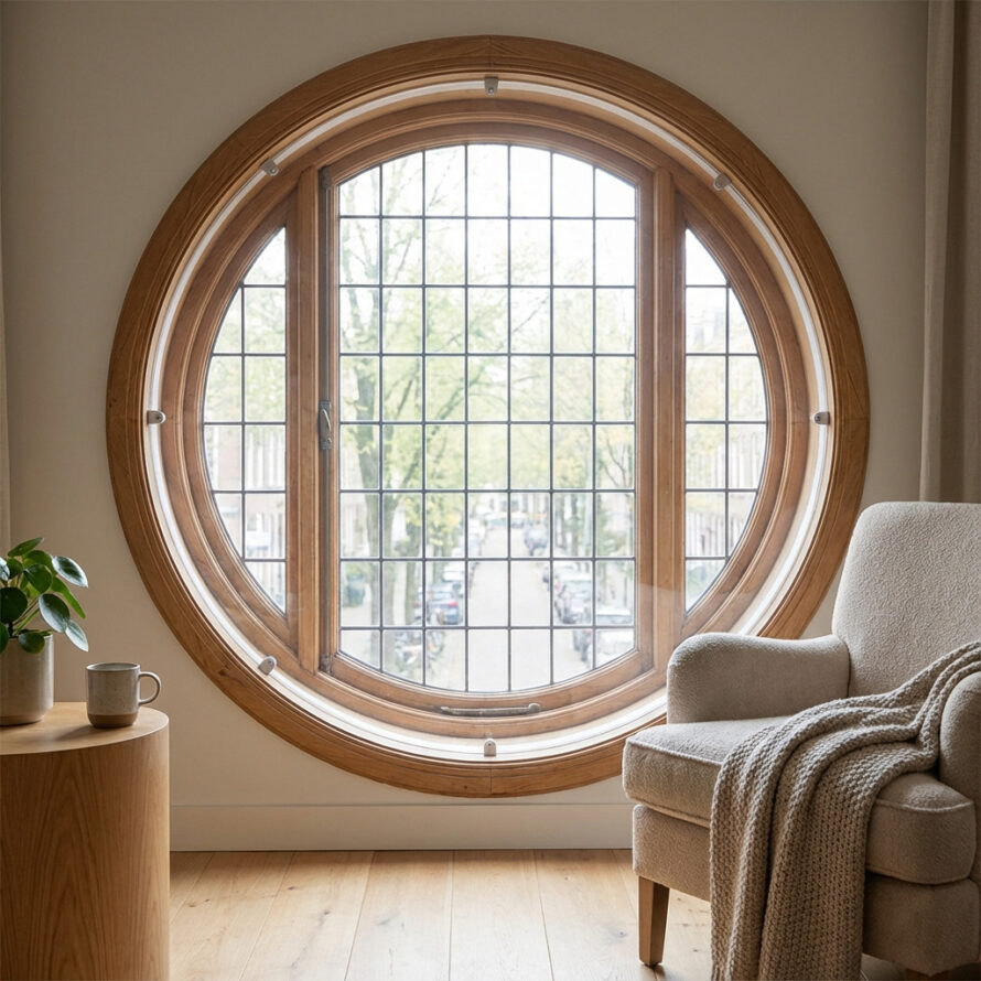 Rond acrylaat voorzetraam met hoge lichtdoorlaat en isolerende werking.