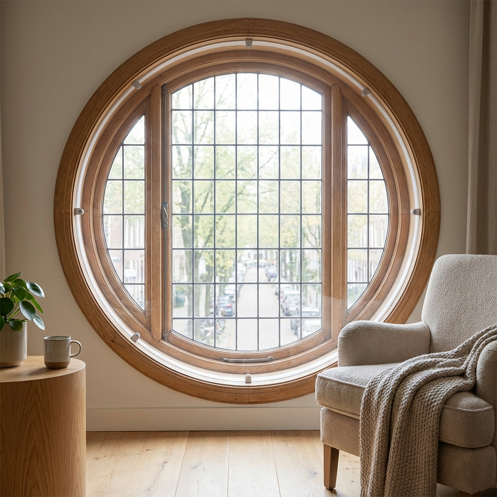 Rond acrylaat voorzetraam met hoge lichtdoorlaat en isolerende werking.