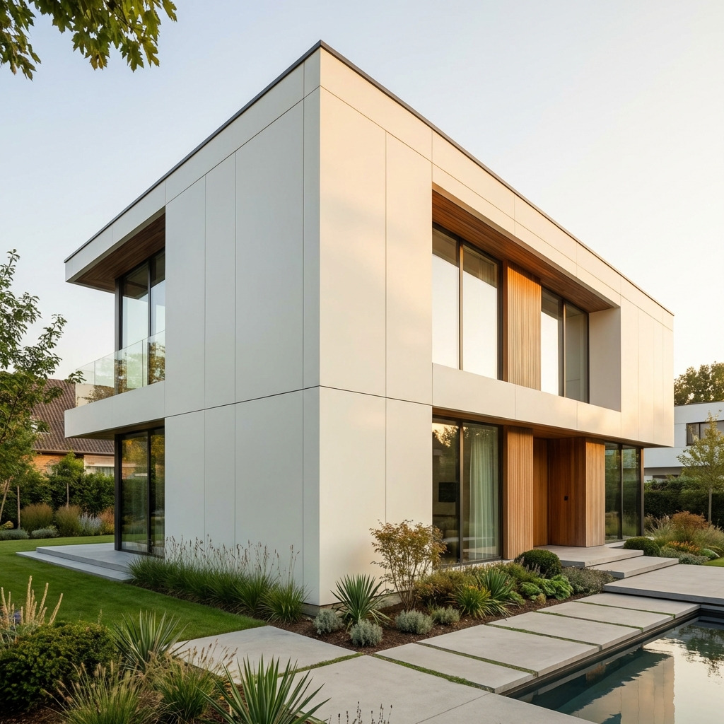 Hedendaagse woning met Trespa® HPL gevelbekleding, lichte gevelpanelen gecombineerd met houten accenten