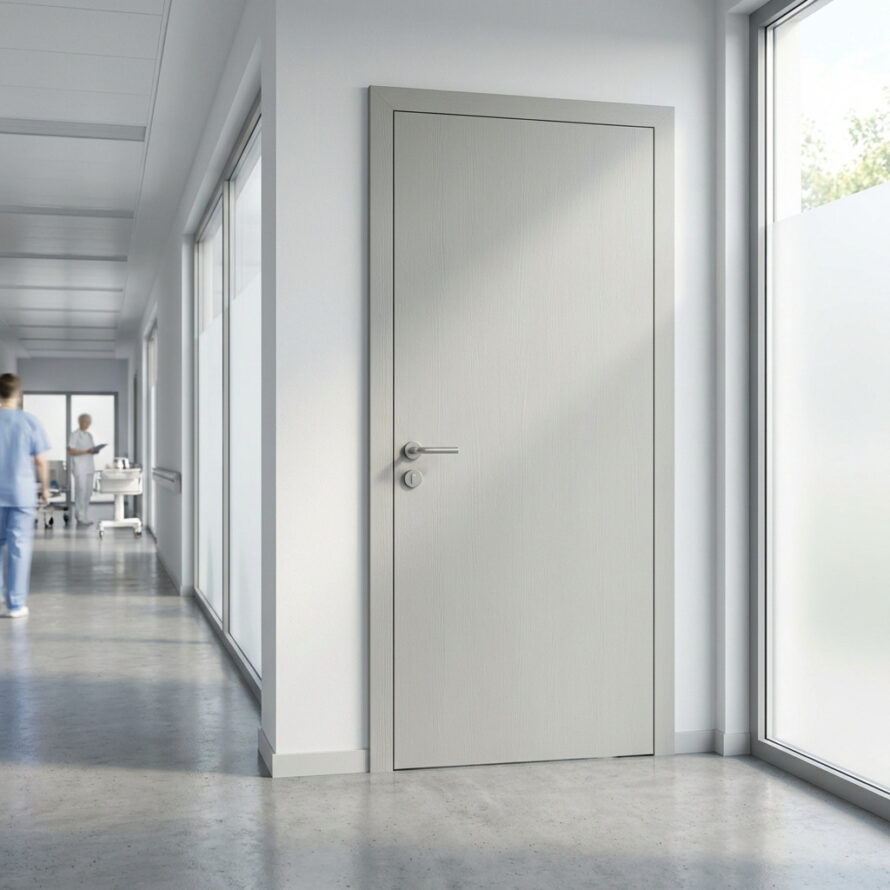 Witte HPL binnendeur in zakelijke gang met glazen wanden en moderne afwerking