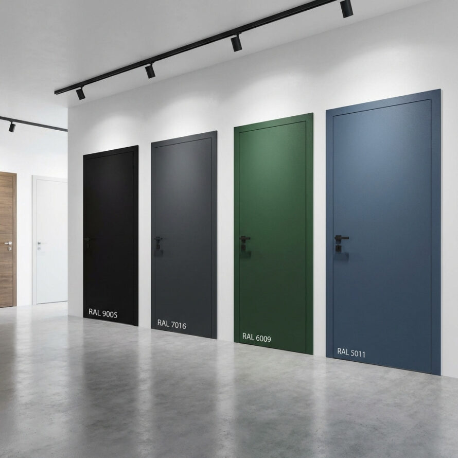 HPL binnendeuren in zwart, groen en blauw in moderne showroomopstelling