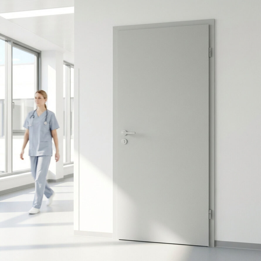 Strakke witte HPL deur in lichte gang, minimalistisch interieur met daglicht