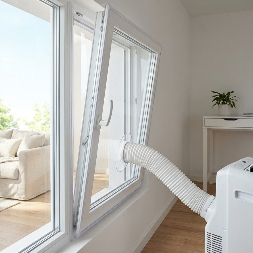 Close-up van een transparante plexiglas raamafdichting met rond gat voor de afvoerslang van een mobiele airco.