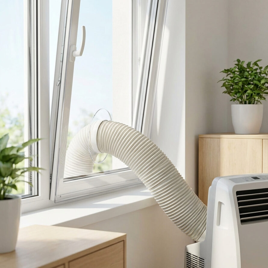 Close-up van een plexiglas airco raamafdichting in een wit raamkozijn met luchtdichte aansluiting.