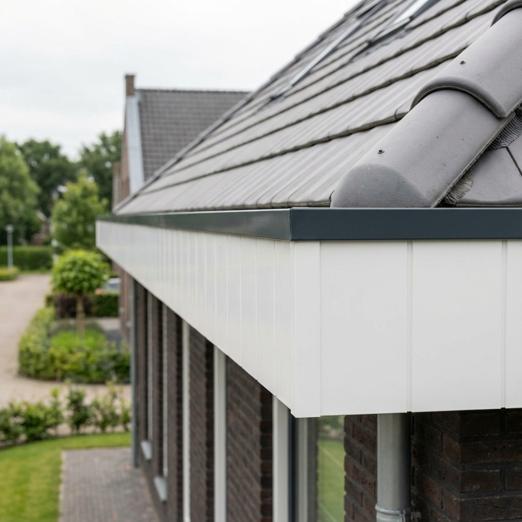 Strakke kunststof windveren langs dakrand van moderne vrijstaande woning